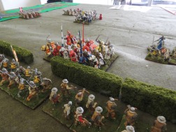 French mounted knights got as far as the hedge before being blasted by Gascon crossbowmen.